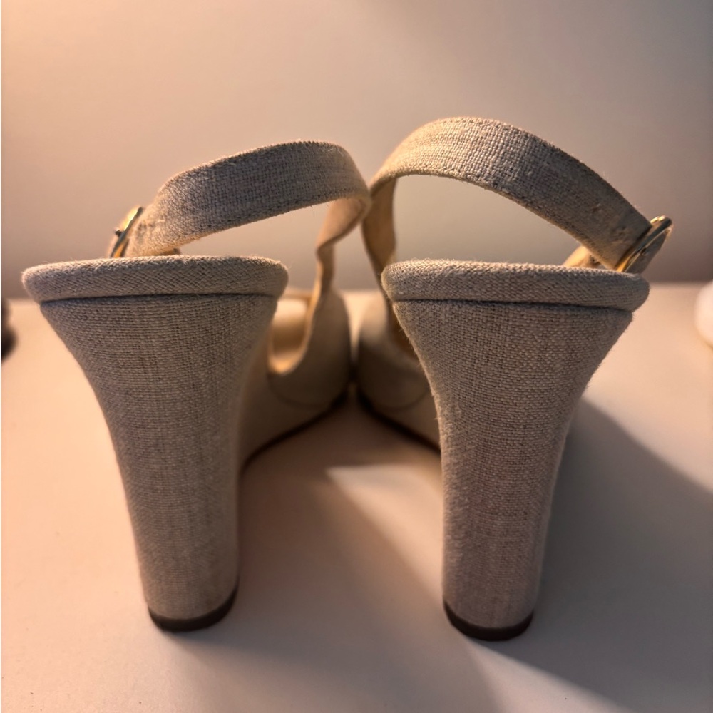 kate spade neutral beige linen peep-toe wedge sandals - Picture 7 of 7
